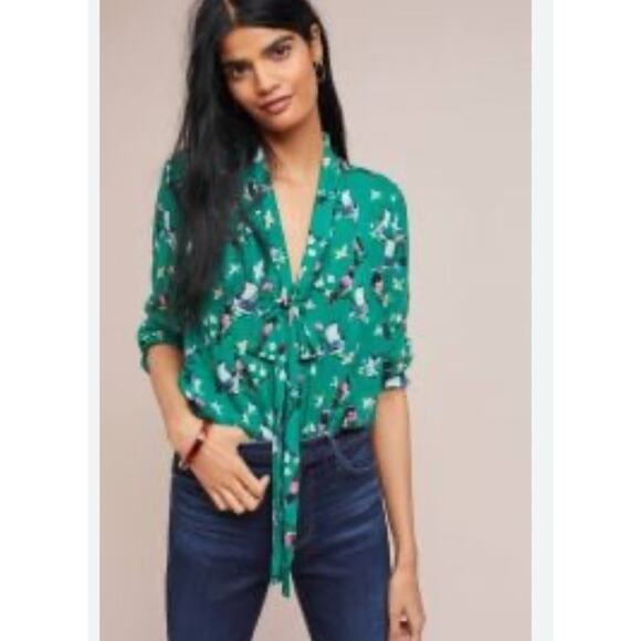 Anthropologie Conversations #20 Of 52 Blouse Bird Floral Tie Front Top Womens 8 - Picture 1 of 8